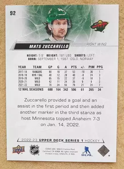 НХЛ Матс Цуккарелло Миннесота Уайлд № 92 1