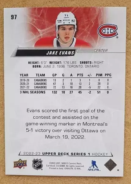 НХЛ Джек Эванс Монреаль Канадиенс № 97 1
