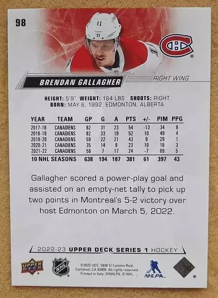 НХЛ Брендан Галлахер Монреаль Канадиенс № 98 1