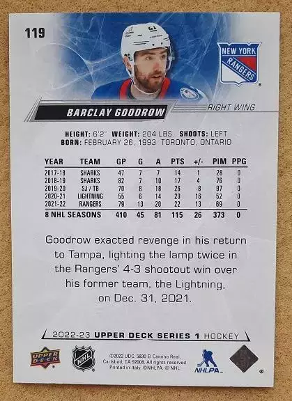 НХЛ Баркли Гудроу Нью-Йорк Рейнджерс № 119 1
