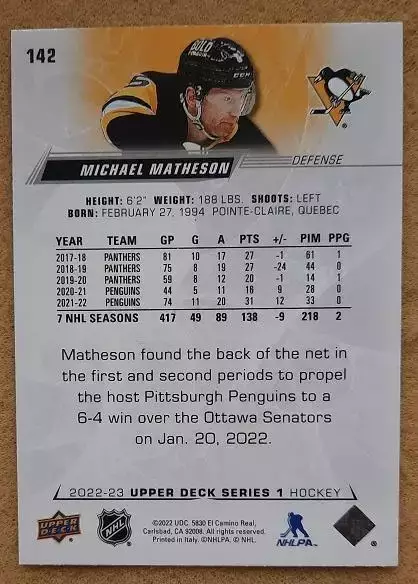 НХЛ Майк Мэтисон Питтсбург Пингвинз № 142 1