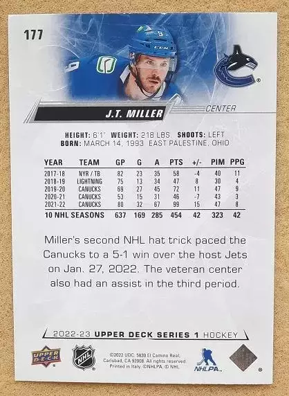 НХЛ Джей Ти Миллер Ванкувер Кэнакс № 177 1