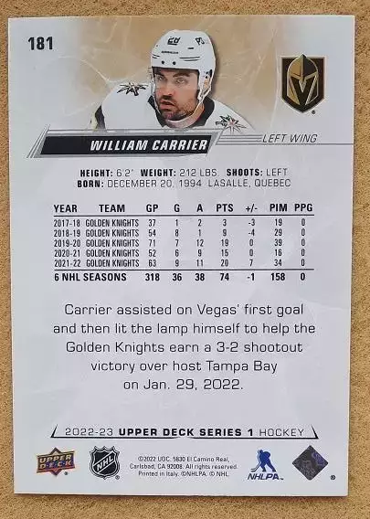 НХЛ Уильям Каррье Вегас Голден Найтс № 181 1