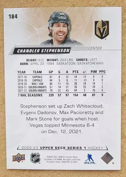 НХЛ Чандлер Стефенсон Вегас Голден Найтс № 184 1
