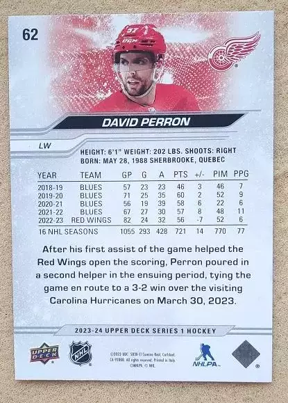 НХЛ Дэвид Перрон Детройт Ред Уингз № 62 1
