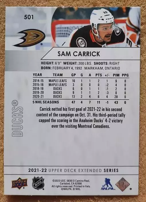 НХЛ Сэм Каррик Анахайм Дакс № 501 1