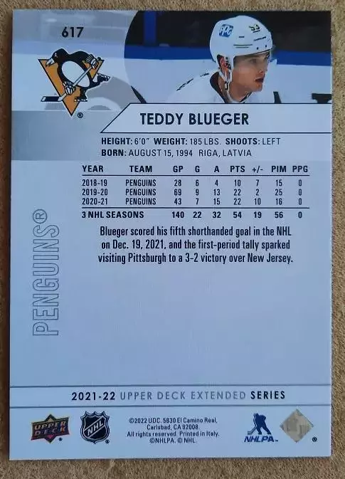НХЛ Тедди Блюгер Питтсбург Пингвинз № 617 1