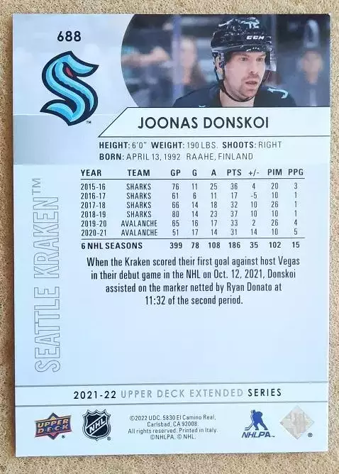 НХЛ Йоонас Донской Сиэтл Кракен № 688 1