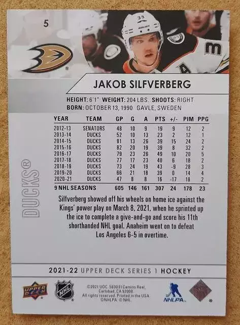 НХЛ Якоб Сильверберг Анахайм Дакс № 5 1