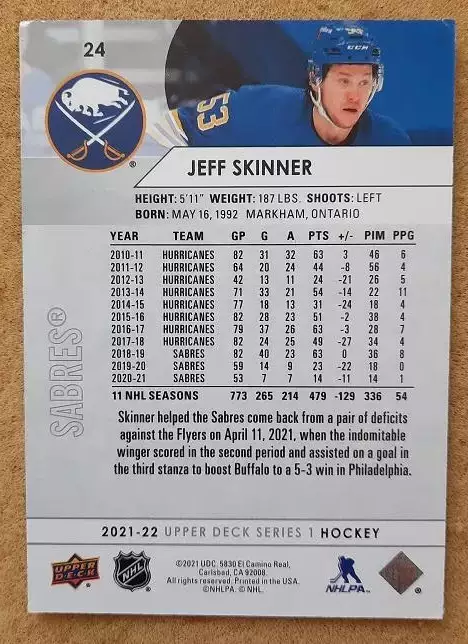 НХЛ Джефф Скиннер Баффало Сейбрз № 24 1
