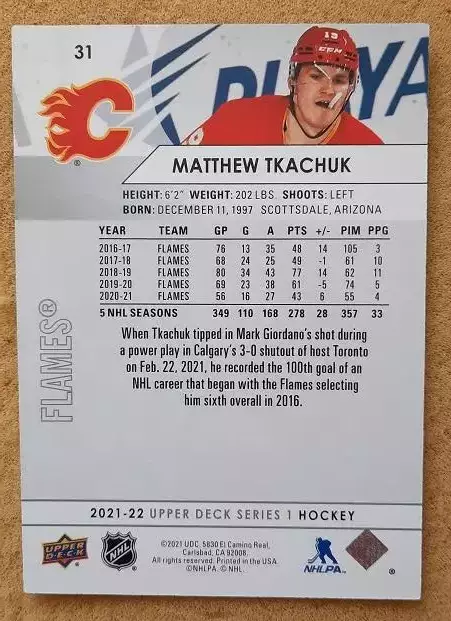 НХЛ Мэттью Ткачук Калгари Флэймз № 31 1