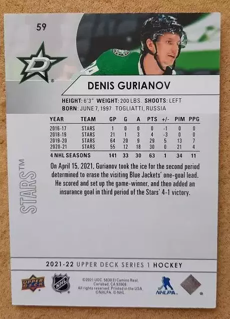 НХЛ Денис Гурьянов Даллас Старз Лада Тольятти № 59 1