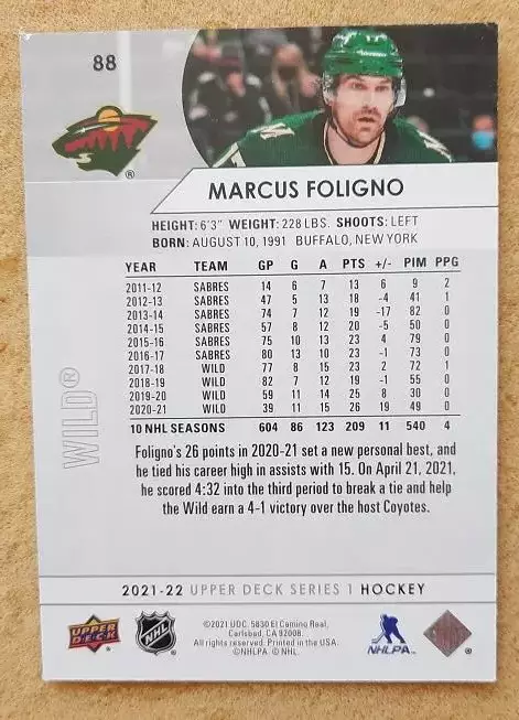 НХЛ Маркус Фолиньо Миннесота Уайлд № 88 1