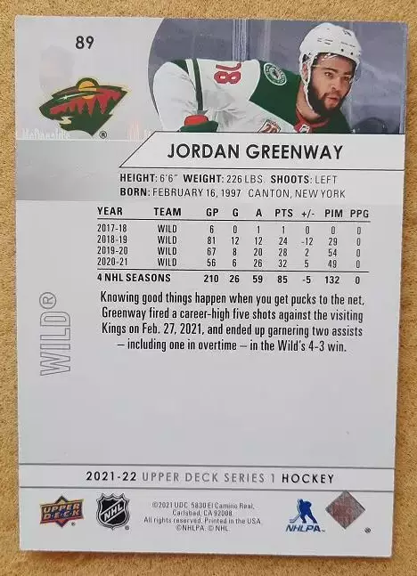 НХЛ Джордан Гринвэй Миннесота Уайлд № 89 1