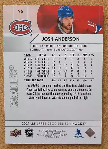НХЛ Джош Андерсон Монреаль Канадиенс № 95 1