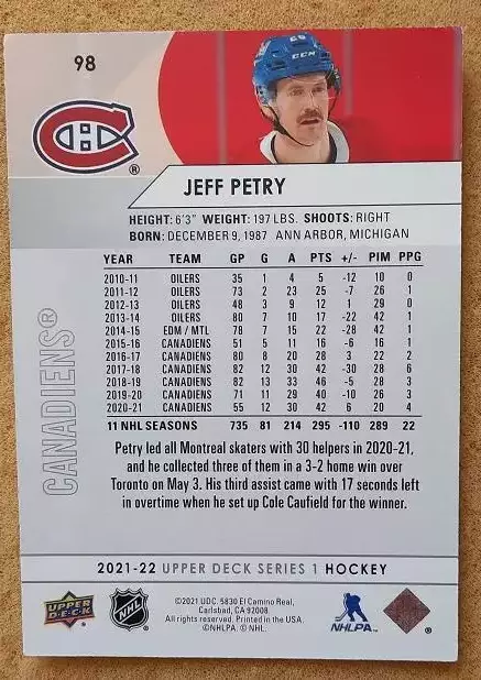 НХЛ Джефф Петри Монреаль Канадиенс № 98 1