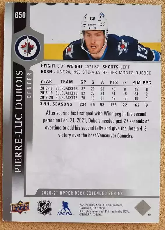 НХЛ Пьер-Люк Дюбуа Виннипег Джетс № 650 1