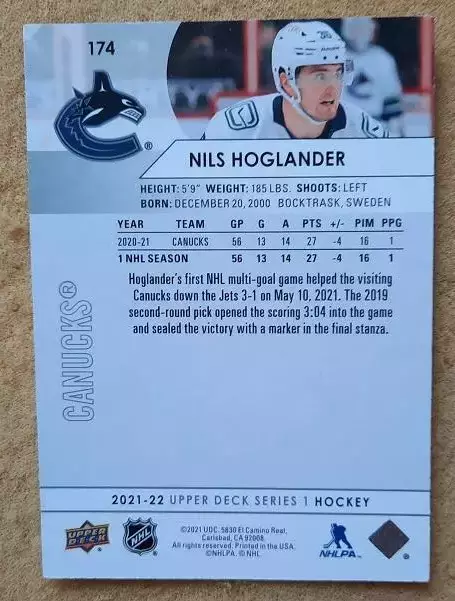 НХЛ Нильс Хёгландер Ванкувер Кэнакс № 174 1