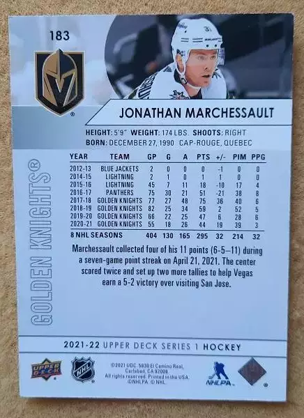 НХЛ Жонатан Маршессо Вегас Голден Найтс № 183 1