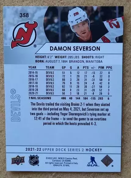 НХЛ Деймон Северсон Нью-Джерси Дэвилз № 358 1