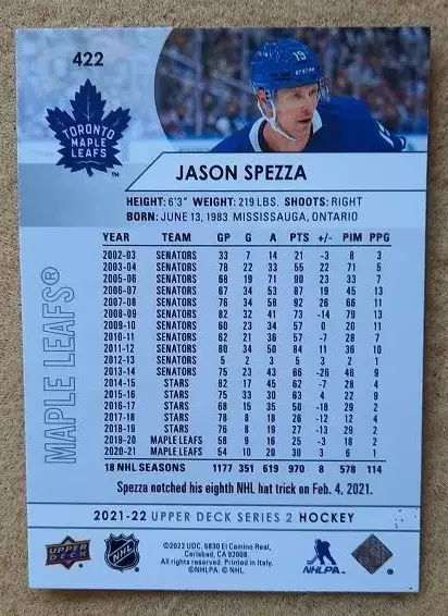 НХЛ Джейсон Спецца Торонто Мэйпл Лифс № 422 1