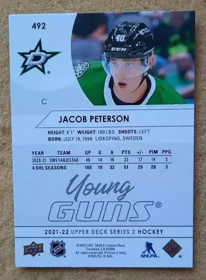 НХЛ Джейкоб Петерсон Даллас Старз № 492 1