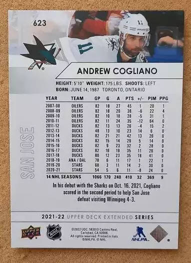 НХЛ Эндрю Коглиано Сан-Хосе Шаркс №623 1