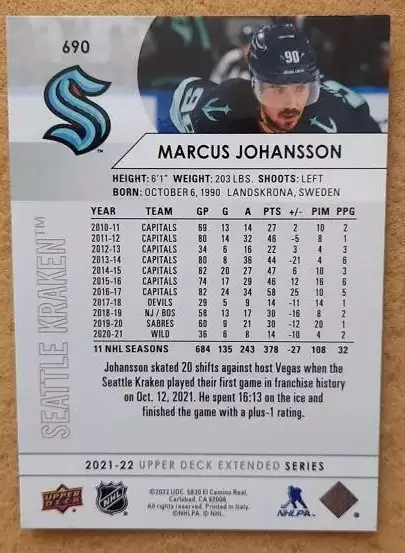 НХЛ Маркус Юханссон Сиэтл Кракен № 690 1