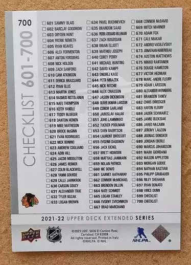 НХЛ Сет Джонс Марк-Андре Флери Чикаго Блэкхокс № 700 чек-лист 1