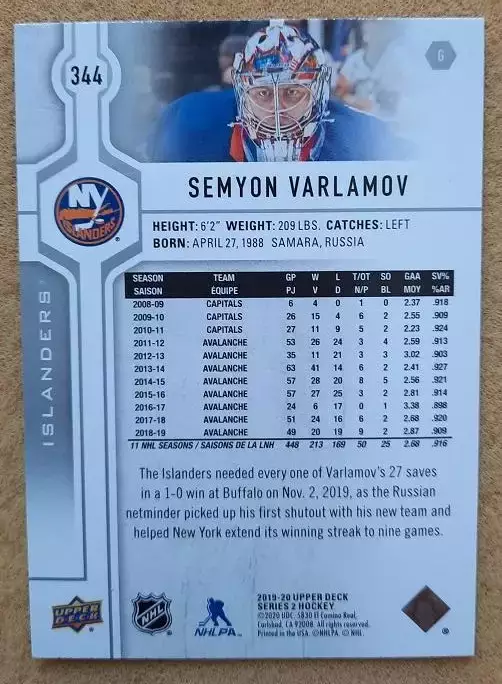 НХЛ Семен Варламов Нью-Йорк Айлендерс Локомотив Ярославль № 344 1