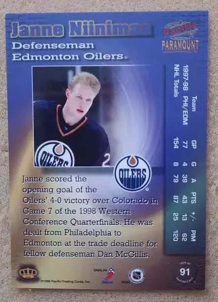 НХЛ Янне Ниинимаа Эдмонтон Ойлерз № 91 1
