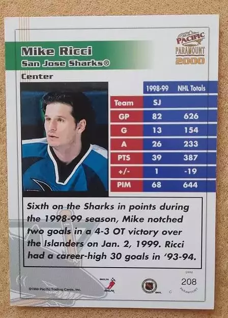 НХЛ Майк Риччи Сан-Хосе Шаркс № 208 1