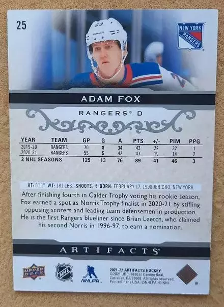 НХЛ Адам Фокс Нью-Йорк Рейнджерс № 25 1