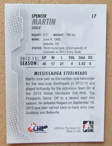 НХЛ Спенсер Мартин Миссиссога Стилхедс ЦСКА Москва № 17 1