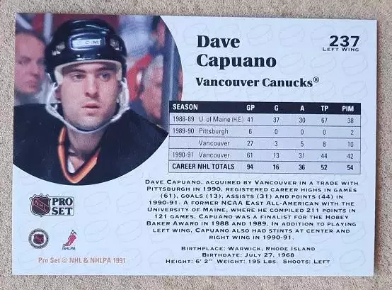НХЛ Дейв Капуано Ванкувер Кэнакс № 237 1