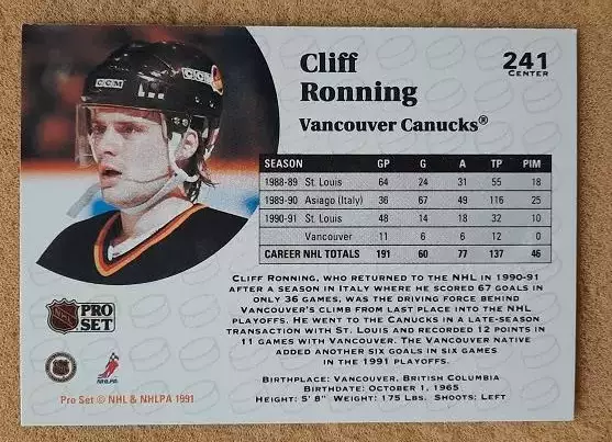 НХЛ Клиф Реннинг Ванкувер Кэнакс № 241 1