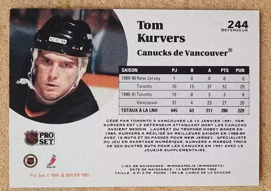 НХЛ Том Карверс Ванкувер Кэнакс № 244 френч 1