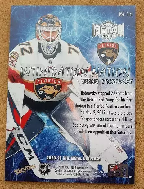 НХЛ Сергей Бобровский Флорида Пантерз Новокузнецк СКА Санкт-Петербург № IN - 10 1