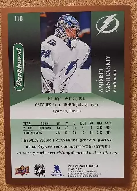 НХЛ Андрей Василевский Тампа Бэй Лайтнинг Уфа № 110 1