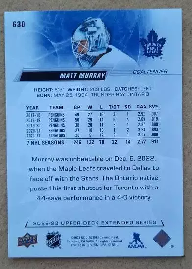 НХЛ Мэттью Мюррей Торонто Мэйпл Лифс № 630 1