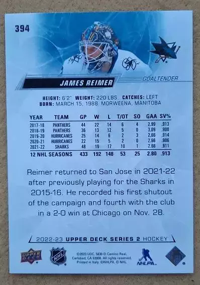 НХЛ Джеймс Раймер Сан-Хосе Шаркс № 394 1