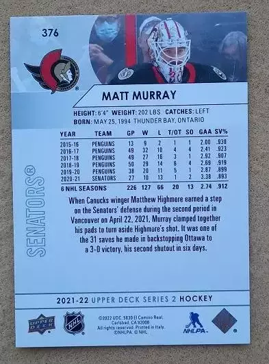 НХЛ Мэттью Мюррей Оттава Сенаторз № 376 1