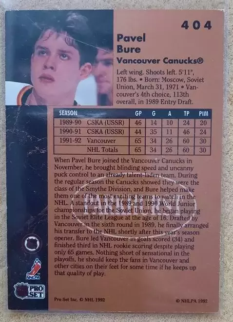 НХЛ Павел Буре Ванкувер Кэнакс ЦСКА Спартак Москва № 404 1