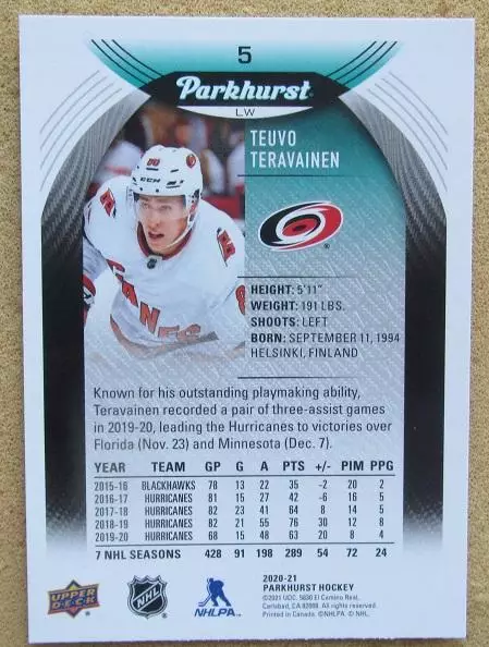 НХЛ Теуво Терявяйнен Каролина Харрикейнз № 5 1