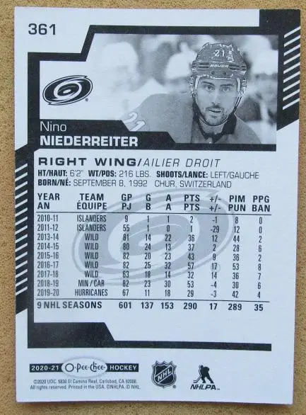 НХЛ Нино Нидеррайтер Каролина Харрикейнз № 361 1