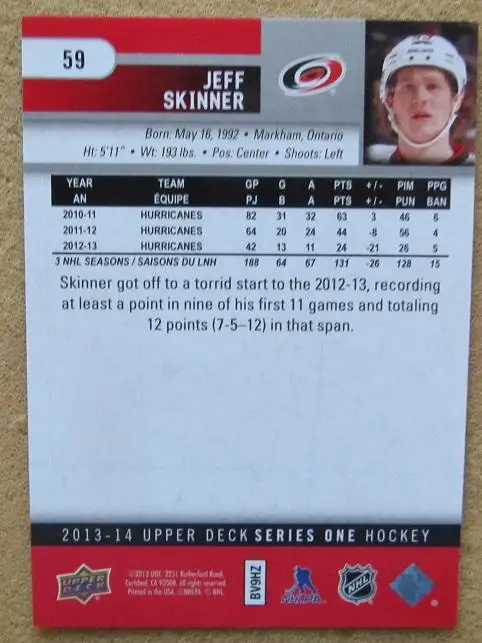 НХЛ Джефф Скиннер Каролина Харрикейнз № 59 1