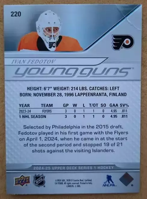 НХЛ Иван Федотов Филадельфия Флайерз Нижнекамск Уфа Челябинск ЦСКА Москва № 220 1