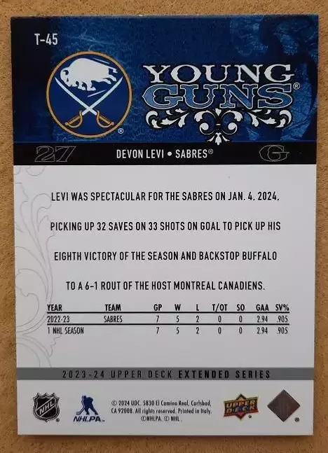 НХЛ Девон Леви Баффало Сейбрз № T - 45 1