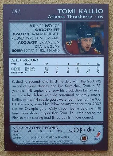 НХЛ Томи Каллио Атланта Трэйшерз № 181 1