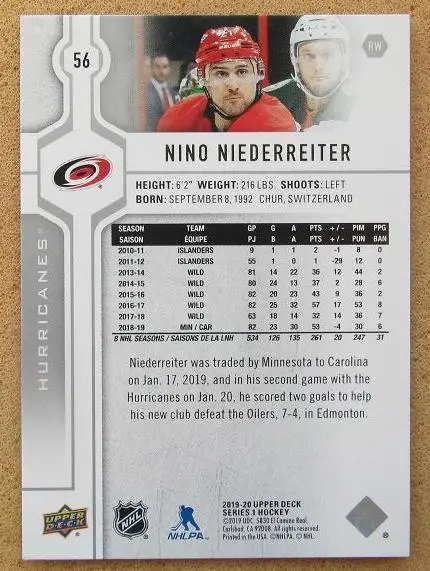 НХЛ Нино Нидеррайтер Каролина Харрикейнз № 56 1
